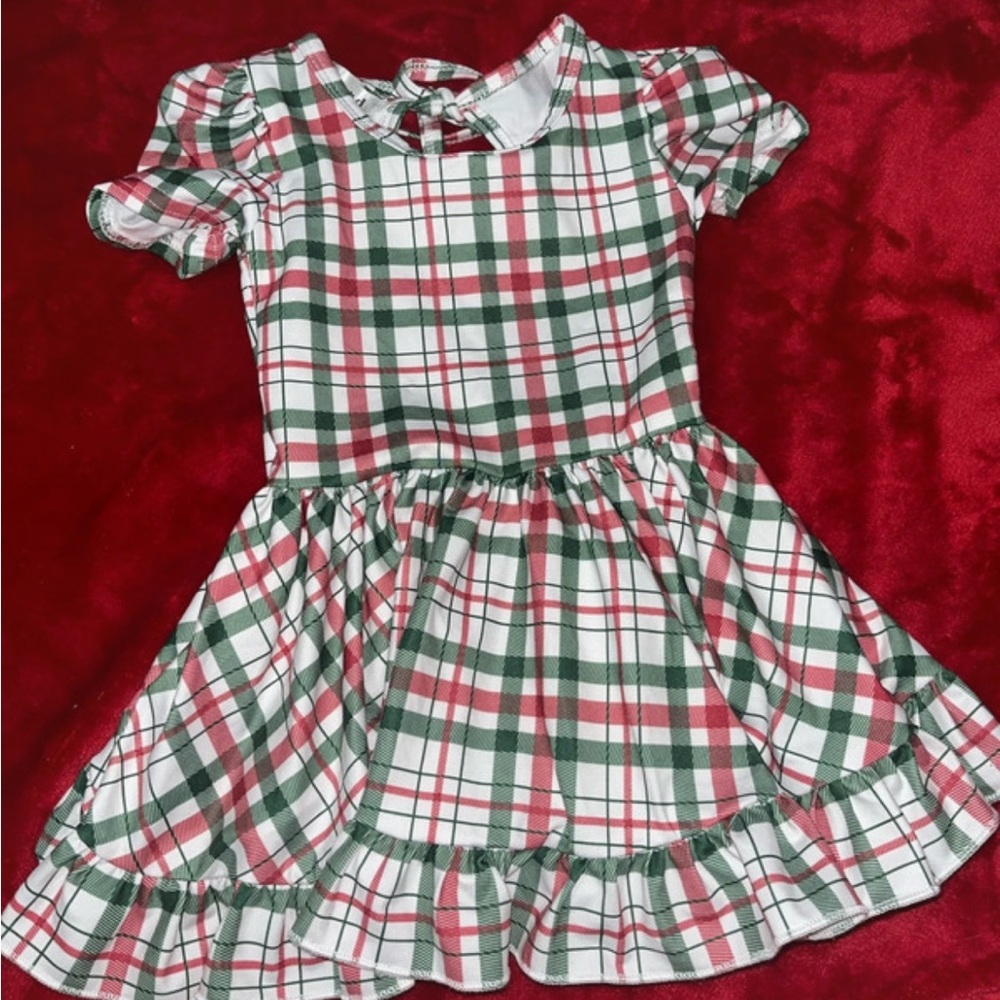 Girls Plaid Ruffle Hem Dress in Red, Green & White